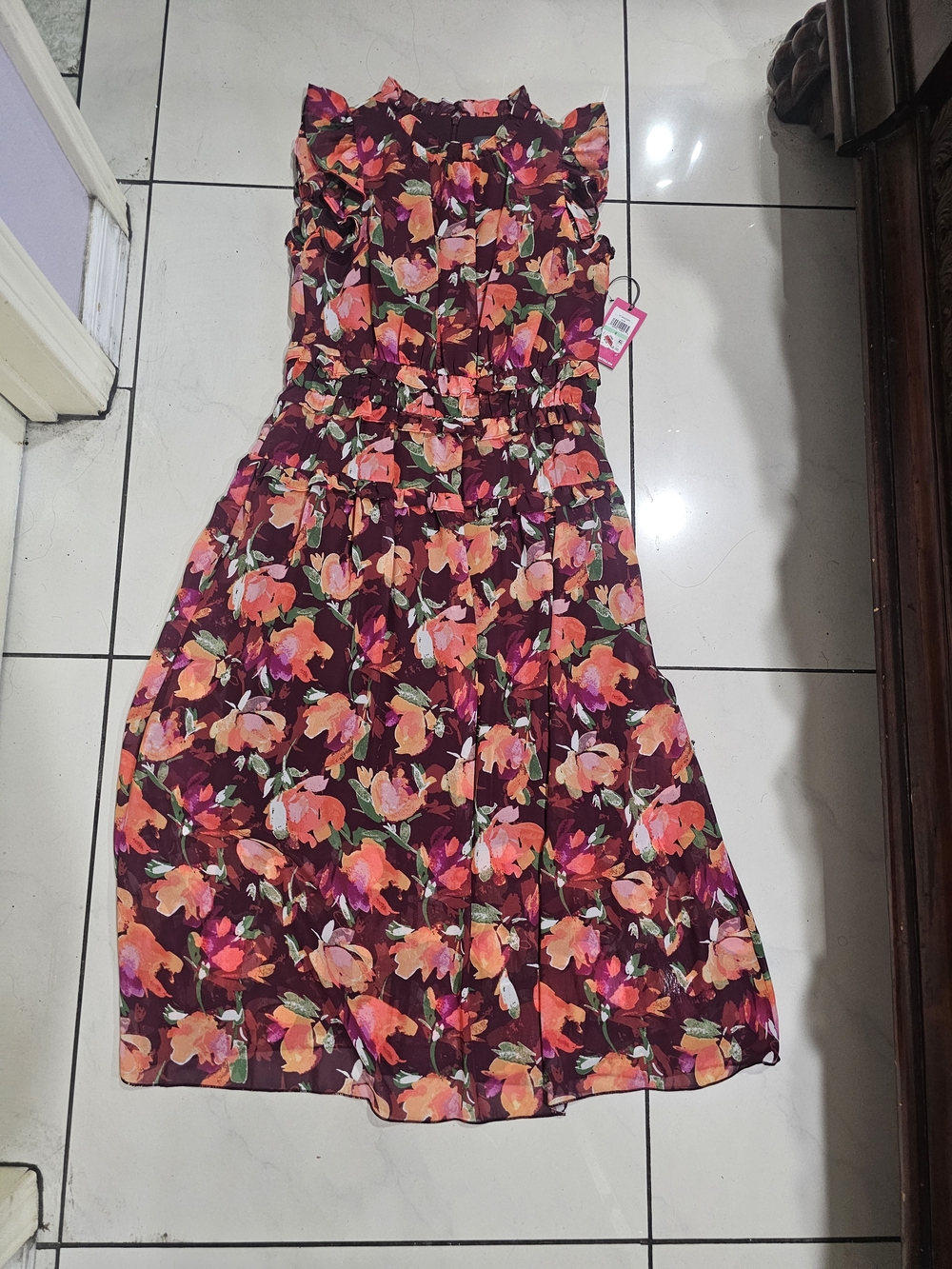 Vince Camuto Burgundy Floral Maxi Dress with Pink and Orange Blooms